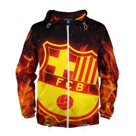 Мужская ветровка 3D с принтом FC BARCELONA FIRE ОГОНЬ в городе Новоалтайск, 100% полиэстер | подол и капюшон оформлены резинкой с фиксаторами, два кармана без застежек по бокам, один потайной карман на груди | Тематика изображения на принте: barca | fc barcelona | football | sport | uefa | английская премьер лига. | барса | лига финал | матч | спорт | уефа | финал | фк барселона | футбол