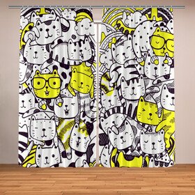 Фотошторы Котики: в городе Новоалтайск, Блэкаут (светозащита 90%) / Габардин (светозащита 40% | 2 полотна шириной по 145 см; Высота 200-300 см; Крепление: шторная лента (на крючки); | арт | графика | животные | звери | коты | кошки