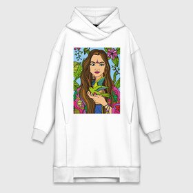 Платье-худи хлопок с принтом Girl with bird in nature в городе Новоалтайск,  |  | bird | blue | flowers | girl | green | hippie | leaves | lemon | meditation | nature | pineapple | pink | relax | sky | summer | yellow | yoga | картина с девушкой и птичкой | тату