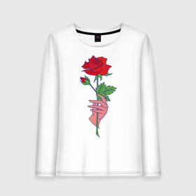 Женский лонгслив хлопок с принтом Роза в городе Новоалтайск, 100% хлопок |  | rose flower | арт | бутон | в руке | роза | цветы