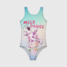 Детский купальник 3D с принтом Milk dance в городе Новоалтайск, Полиэстер 85%, Спандекс 15% | Слитный крой, подклад по переду изделия, узкие бретели | арт | бык | графика | животные | звери | корова | танец