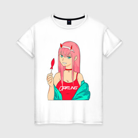 Женская футболка хлопок с принтом Zero Two Art в городе Новоалтайск, 100% хлопок | прямой крой, круглый вырез горловины, длина до линии бедер, слегка спущенное плечо | anime | art | chan | darling in france | pilot | zero two | аниме | арт | милый во франксе | ноль два | пилот | тян