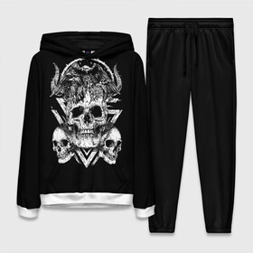 Женский костюм 3D (с толстовкой) с принтом Черепа и Вороны | Skulls Raven в городе Новоалтайск,  |  | skulls | xo | вороны | градиент | животные | кости | мозги | паттерн | полосы | природа | птицы | скелет | текстура | узор | хо | чб | черепа | черный