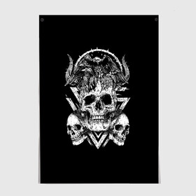 Постер с принтом Черепа и Вороны | Skulls Raven в городе Новоалтайск, 100% бумага
 | бумага, плотность 150 мг. Матовая, но за счет высокого коэффициента гладкости имеет небольшой блеск и дает на свету блики, но в отличии от глянцевой бумаги не покрыта лаком | skulls | xo | вороны | градиент | животные | кости | мозги | паттерн | полосы | природа | птицы | скелет | текстура | узор | хо | чб | черепа | черный
