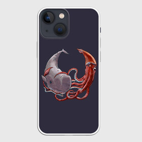 Чехол для iPhone 13 mini с принтом Naval Confrontation в городе Новоалтайск,  |  | Тематика изображения на принте: animal | battle | bottom | confrontation | depth | fin | kraken | mammal | ocean | octopus | sea | tentacles | water | whale | бой | вода | глубина | дно | животное | кит | кракен | млекопитающее | море | океан | осьминог | плавник | противостояние | щупа