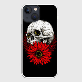 Чехол для iPhone 13 mini с принтом Череп и Красный Цветок | Skull в городе Новоалтайск,  |  | Тематика изображения на принте: flowers | head | skulls | букет | голова | животные | кости | мозги | паттерн | полосы | природа | розы | скелет | текстура | узор | флора | хо | цветы | черепа | черный | яркий