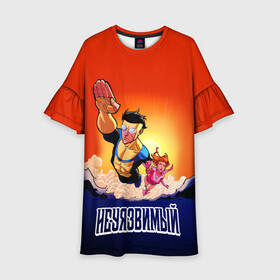 Детское платье 3D с принтом НЕУЯЗВИМЫЙ INVINCIBLE в городе Новоалтайск, 100% полиэстер | прямой силуэт, чуть расширенный к низу. Круглая горловина, на рукавах — воланы | Тематика изображения на принте: comics | damien darkblood | invincible | дэмиен даркблад | комикс | комиксы | мультсериал | непобедимый | неуязвимый