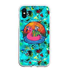 Чехол для iPhone XS Max матовый с принтом Скелет в надувном Фламинго в городе Новоалтайск, Силикон | Область печати: задняя сторона чехла, без боковых панелей | Тематика изображения на принте: закат | купание | лето | отдых | пляж | скелет | туризм | фламинго