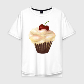 Мужская футболка хлопок Oversize с принтом Cupcake with cherry art в городе Новоалтайск, 100% хлопок | свободный крой, круглый ворот, “спинка” длиннее передней части | art | cherry | cooking | cupcake | vypichka | yummy | арт | вишня | вкусняшка | выпичка | кекс | кулинария