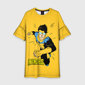 Детское платье 3D с принтом Неуязвимый Invincible в городе Новоалтайск, 100% полиэстер | прямой силуэт, чуть расширенный к низу. Круглая горловина, на рукавах — воланы | Тематика изображения на принте: boy | cartoon | damien darkblood | hero | invincible | superhero | герой | марк грейсон | мультик | мультсериал | непобедимый | неуязвимый | персонаж | супергерой