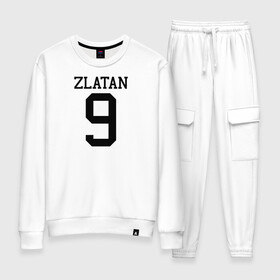 Женский костюм хлопок с принтом Zlatan 9 номер на груди в городе Новоалтайск, 100% хлопок | на свитшоте круглая горловина, мягкая резинка по низу. Брюки заужены к низу, на них два вида карманов: два 