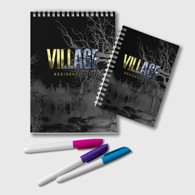 Блокнот с принтом Resident Evil Village в городе Новоалтайск, 100% бумага | 48 листов, плотность листов — 60 г/м2, плотность картонной обложки — 250 г/м2. Листы скреплены удобной пружинной спиралью. Цвет линий — светло-серый
 | Тематика изображения на принте: resident evil | survival horror | village | вилладж | деревня | компьютерная игра | ночь | обитель зла | сухие деревья