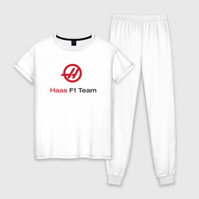 Женская пижама хлопок с принтом Haas F1 Team в городе Новоалтайск, 100% хлопок | брюки и футболка прямого кроя, без карманов, на брюках мягкая резинка на поясе и по низу штанин | f1 | haas | грожан | магнуссен | мазепин | ф1 | феррари | формула 1 | хаас