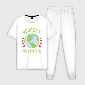 Мужская пижама хлопок с принтом Respect Earth в городе Новоалтайск, 100% хлопок | брюки и футболка прямого кроя, без карманов, на брюках мягкая резинка на поясе и по низу штанин
 | mars | moon | nasa | астероид | астронавт | астрономия | вселенная | гагарин | галактика | земля | илон | комета | космонавт | космос | луна | марс | маск | наса | небо | нло | планета | полёт | пришелец | ракета