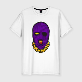Мужская футболка хлопок Slim с принтом DaBaby Purple Mask в городе Новоалтайск, 92% хлопок, 8% лайкра | приталенный силуэт, круглый вырез ворота, длина до линии бедра, короткий рукав | gangster | golden | mask | music | rappers