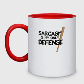 Кружка двухцветная с принтом Sarcasm is my only defense в городе Новоалтайск, керамика | объем — 330 мл, диаметр — 80 мм. Цветная ручка и кайма сверху, в некоторых цветах — вся внутренняя часть | Тематика изображения на принте: alpha | beta | derek | derek hale | omega | scott | scott mccall | serial | stiles | stiles stilinski | teen wolf | wolf | бета | волк | волки | волчонок | дерек | дерек хейл | оборотень | оборотни | ольфа | омега | сериал | скотт | скотт макколл | стайлз