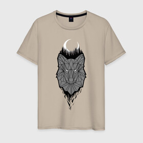 Мужская футболка хлопок с принтом Волк и месяц в городе Новоалтайск, 100% хлопок | прямой крой, круглый вырез горловины, длина до линии бедер, слегка спущенное плечо. | волк | луна | месяц | полигон | серый | черный