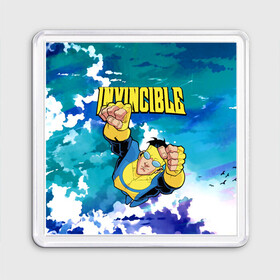 Магнит 55*55 с принтом Invincible Mark Grayson в городе Новоалтайск, Пластик | Размер: 65*65 мм; Размер печати: 55*55 мм | Тематика изображения на принте: invincible | mark grayson | летит | марк грейсон | мультсериал | небо | неуязвимый | облака | супергерой