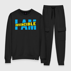 Женский костюм хлопок с принтом I am Invincible в городе Новоалтайск, 100% хлопок | на свитшоте круглая горловина, мягкая резинка по низу. Брюки заужены к низу, на них два вида карманов: два 