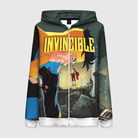 Женская толстовка 3D на молнии с принтом INVINCIBLE в городе Новоалтайск, 100% полиэстер | длина до линии бедра, манжеты и пояс оформлены мягкой тканевой резинкой, двухслойный капюшон со шнурком для регулировки, спереди молния, по бокам два кармана | allen | invincible | omni man | omniman | superhero | алиен | аллен | инвинсибл | неуязвимый | омнимэн | супергерои