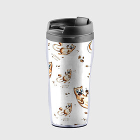 Термокружка-непроливайка с принтом Cofee time в городе Новоалтайск, внутренняя часть — пищевой пластик, наружная часть — прозрачный пластик, между ними — полиграфическая вставка с рисунком | объем — 350 мл, герметичная крышка | Тематика изображения на принте: cat | coffee | котики | кофе | напиток | уют | юмор