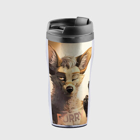 Термокружка-непроливайка с принтом Furry jackal в городе Новоалтайск, внутренняя часть — пищевой пластик, наружная часть — прозрачный пластик, между ними — полиграфическая вставка с рисунком | объем — 350 мл, герметичная крышка | furry | jackal | антропоморфные животные | люди животные | показывает | средний палец | фурри | фурри фэндом | шакал