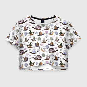 Женская футболка Crop-top 3D с принтом улитки и домики в городе Новоалтайск, 100% полиэстер | круглая горловина, длина футболки до линии талии, рукава с отворотами | домики | милые. анималистический паттерн | паттерн с улитками | ракушки | улитки