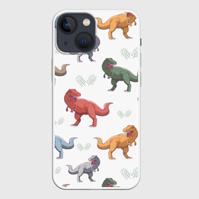 Чехол для iPhone 13 mini с принтом Разноцветные тираннозавры в городе Новоалтайск,  |  | art | dino | dinosaur | dinosaurus | pattern | t rex | t rex merch | арт | детский рисунок | динозавр | динозавр мерч | динозаврики | иллюстрация | паттерн | рекс | рисунок динозавра | страшные динозавры | т рекс | тираннозавр