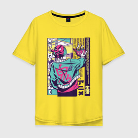 Мужская футболка хлопок Oversize с принтом Anime is life - Ramen Guy Oni в городе Новоалтайск, 100% хлопок | свободный крой, круглый ворот, “спинка” длиннее передней части | anime monster | art | city | demon oni | dokan | japan | manga | ramen | tokyo | vaporwave | аниме это жизнь | арт | докан | иероглифы | манга | они демон | паровая волна | рамен | токио | уличный стиль | фанат аниме | япония