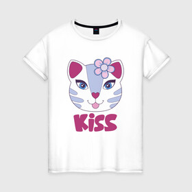 Женская футболка хлопок с принтом Kiss Cat в городе Новоалтайск, 100% хлопок | прямой крой, круглый вырез горловины, длина до линии бедер, слегка спущенное плечо | animal | cat | cute | kitty | meow | друг | животные | киска | китти | кот | котенок | котик | котэ | кошечка | кошка | лев | леопард | милый | мур | мяу | пантера | питомец | рысь | тигр