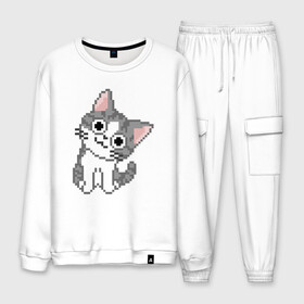 Мужской костюм хлопок с принтом Pixel Cat в городе Новоалтайск, 100% хлопок | на свитшоте круглая горловина, мягкая резинка по низу. Брюки заужены к низу, на них два вида карманов: два “обычных” по бокам и два объемных, с клапанами, расположенные ниже линии бедра. Брюки с мягкой трикотажной резинкой на поясе и по низу штанин. В поясе для дополнительного комфорта — широкие завязки | animal | cat | cute | kitty | meow | друг | животные | киска | китти | кот | котенок | котик | котэ | кошечка | кошка | лев | леопард | милый | мур | мяу | пантера | питомец | рысь | тигр