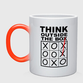 Кружка хамелеон с принтом THINK OUTSIDE THE BOX в городе Новоалтайск, керамика | меняет цвет при нагревании, емкость 330 мл | box | braine | imagine | outside | text | think | word | воображение | думай | комфорт | крестики | надписи | настроение | нолики | текст
