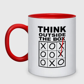 Кружка двухцветная с принтом THINK OUTSIDE THE BOX в городе Новоалтайск, керамика | объем — 330 мл, диаметр — 80 мм. Цветная ручка и кайма сверху, в некоторых цветах — вся внутренняя часть | box | braine | imagine | outside | text | think | word | воображение | думай | комфорт | крестики | надписи | настроение | нолики | текст