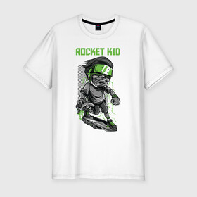 Мужская футболка хлопок Slim с принтом Rocket kid в городе Новоалтайск, 92% хлопок, 8% лайкра | приталенный силуэт, круглый вырез ворота, длина до линии бедра, короткий рукав | арт | графика | дети | ребенок | скейт | человек