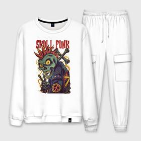 Мужской костюм хлопок с принтом Skull Punk в городе Новоалтайск, 100% хлопок | на свитшоте круглая горловина, мягкая резинка по низу. Брюки заужены к низу, на них два вида карманов: два “обычных” по бокам и два объемных, с клапанами, расположенные ниже линии бедра. Брюки с мягкой трикотажной резинкой на поясе и по низу штанин. В поясе для дополнительного комфорта — широкие завязки | анархия | арт | графика | зомби | ирокез | кости | косуха | крест | панк | скелет | черепа