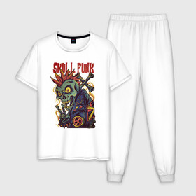 Мужская пижама хлопок с принтом Skull Punk в городе Новоалтайск, 100% хлопок | брюки и футболка прямого кроя, без карманов, на брюках мягкая резинка на поясе и по низу штанин
 | анархия | арт | графика | зомби | ирокез | кости | косуха | крест | панк | скелет | черепа
