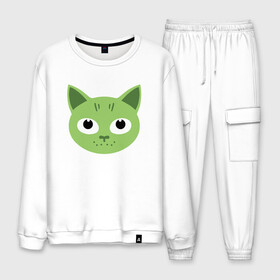 Мужской костюм хлопок с принтом Green Cat в городе Новоалтайск, 100% хлопок | на свитшоте круглая горловина, мягкая резинка по низу. Брюки заужены к низу, на них два вида карманов: два “обычных” по бокам и два объемных, с клапанами, расположенные ниже линии бедра. Брюки с мягкой трикотажной резинкой на поясе и по низу штанин. В поясе для дополнительного комфорта — широкие завязки | animal | cat | cute | kitty | meow | друг | животные | киска | китти | кот | котенок | котик | котэ | кошечка | кошка | лев | леопард | милый | мур | мяу | пантера | питомец | рысь | тигр