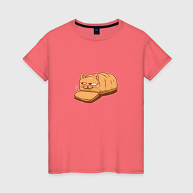 Женская футболка хлопок с принтом Кот хлеб - Bread Cat в городе Новоалтайск, 100% хлопок | прямой крой, круглый вырез горловины, длина до линии бедер, слегка спущенное плечо | kitten | kitty | meme | memes | puss | pussy | pussycat | батон | булка | булочка | киса | киска | кисуля | кот из мема | котёнок | котик | котята | кошка | мем | мемас | мемчик | не еш подумой | не ешь подумай | нееште меня | 