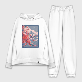Женский костюм хлопок Oversize с принтом Цветение Сакуры на фоне Фудзи в городе Новоалтайск,  |  | cherry blossom | fuji | japan | japanese | landscape | painting | plum | sakura | вишня в цвету | гора фудзи | горный пейзаж | живопись | искусство | картина | краска | краски | настоящая картина | пейзаж | рисунок | сакура | слива