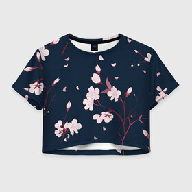 Женская футболка Crop-top 3D с принтом Веточки сакуры в городе Новоалтайск, 100% полиэстер | круглая горловина, длина футболки до линии талии, рукава с отворотами | арт | ветка | ветки | веточка | веточки | ночь | рисунок | розовые бутоны | розовые цветы | сакура | тёмный фон | цветение | цветение вишни | цветок | цветы | цветы вишни | чёрное | яркие цветы