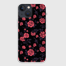 Чехол для iPhone 13 mini с принтом Ночные розы в городе Новоалтайск,  |  | арт | красная роза | красные розы | ночь | рисунок | роза | розовая роза | розовые розы | розы | тёмный фон | цветок | цветы | чёрное | яркие цветы | яркий цветок