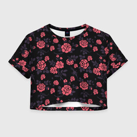 Женская футболка Crop-top 3D с принтом Ночные розы в городе Новоалтайск, 100% полиэстер | круглая горловина, длина футболки до линии талии, рукава с отворотами | арт | красная роза | красные розы | ночь | рисунок | роза | розовая роза | розовые розы | розы | тёмный фон | цветок | цветы | чёрное | яркие цветы | яркий цветок