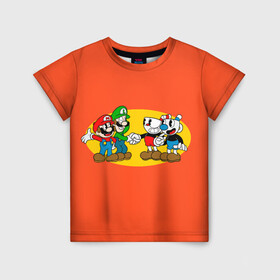 Детская футболка 3D с принтом CupHead x Mario в городе Новоалтайск, 100% гипоаллергенный полиэфир | прямой крой, круглый вырез горловины, длина до линии бедер, чуть спущенное плечо, ткань немного тянется | arkade | cup head | cuphead | game | games | mario | аркада | игра | игры | кап хэд | капхед | купа хэд | марио | сгз руфв | сгзруфв | чашкоголовый