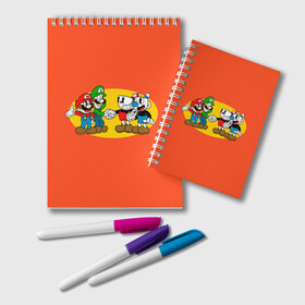 Блокнот с принтом CupHead x Mario в городе Новоалтайск, 100% бумага | 48 листов, плотность листов — 60 г/м2, плотность картонной обложки — 250 г/м2. Листы скреплены удобной пружинной спиралью. Цвет линий — светло-серый
 | Тематика изображения на принте: arkade | cup head | cuphead | game | games | mario | аркада | игра | игры | кап хэд | капхед | купа хэд | марио | сгз руфв | сгзруфв | чашкоголовый