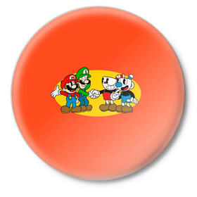 Значок с принтом CupHead x Mario в городе Новоалтайск,  металл | круглая форма, металлическая застежка в виде булавки | arkade | cup head | cuphead | game | games | mario | аркада | игра | игры | кап хэд | капхед | купа хэд | марио | сгз руфв | сгзруфв | чашкоголовый
