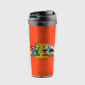 Термокружка-непроливайка с принтом CupHead x Mario в городе Новоалтайск, внутренняя часть — пищевой пластик, наружная часть — прозрачный пластик, между ними — полиграфическая вставка с рисунком | объем — 350 мл, герметичная крышка | arkade | cup head | cuphead | game | games | mario | аркада | игра | игры | кап хэд | капхед | купа хэд | марио | сгз руфв | сгзруфв | чашкоголовый