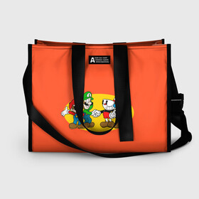 Сумка-шоппер 3D с принтом CupHead x Mario в городе Новоалтайск, 100% полиэстер | застегивается на металлическую кнопку; внутренний карман застегивается на молнию. Стенки укреплены специальным мягким материалом, чтобы защитить содержимое от несильных ударов
 | arkade | cup head | cuphead | game | games | mario | аркада | игра | игры | кап хэд | капхед | купа хэд | марио | сгз руфв | сгзруфв | чашкоголовый