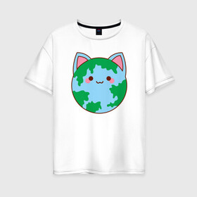 Женская футболка хлопок Oversize с принтом World cat в городе Новоалтайск, 100% хлопок | свободный крой, круглый ворот, спущенный рукав, длина до линии бедер
 | animal | cat | cute | kitty | meow | друг | животные | земля | киска | китти | кот | котенок | котик | котэ | кошечка | кошка | лев | леопард | милый | мир | мур | мяу | пантера | питомец | планета | рысь | тигр