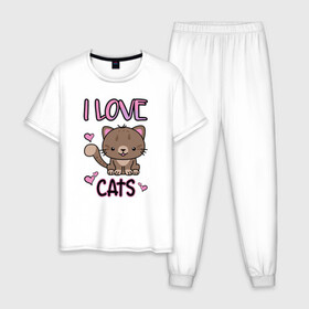 Мужская пижама хлопок с принтом I Love Cats в городе Новоалтайск, 100% хлопок | брюки и футболка прямого кроя, без карманов, на брюках мягкая резинка на поясе и по низу штанин
 | animal | cat | cute | kitty | love | meow любовь | друг | животные | киска | китти | кот | котенок | котик | котэ | кошечка | кошка | милый | мур | мяу | питомец