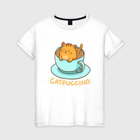 Женская футболка хлопок с принтом Catpuccino в городе Новоалтайск, 100% хлопок | прямой крой, круглый вырез горловины, длина до линии бедер, слегка спущенное плечо | animal | cat | cute | kitty | meow | друг | животные | киска | китти | кот | котенок | котик | котэ | кошечка | кошка | милый | мур | мяу | питомец